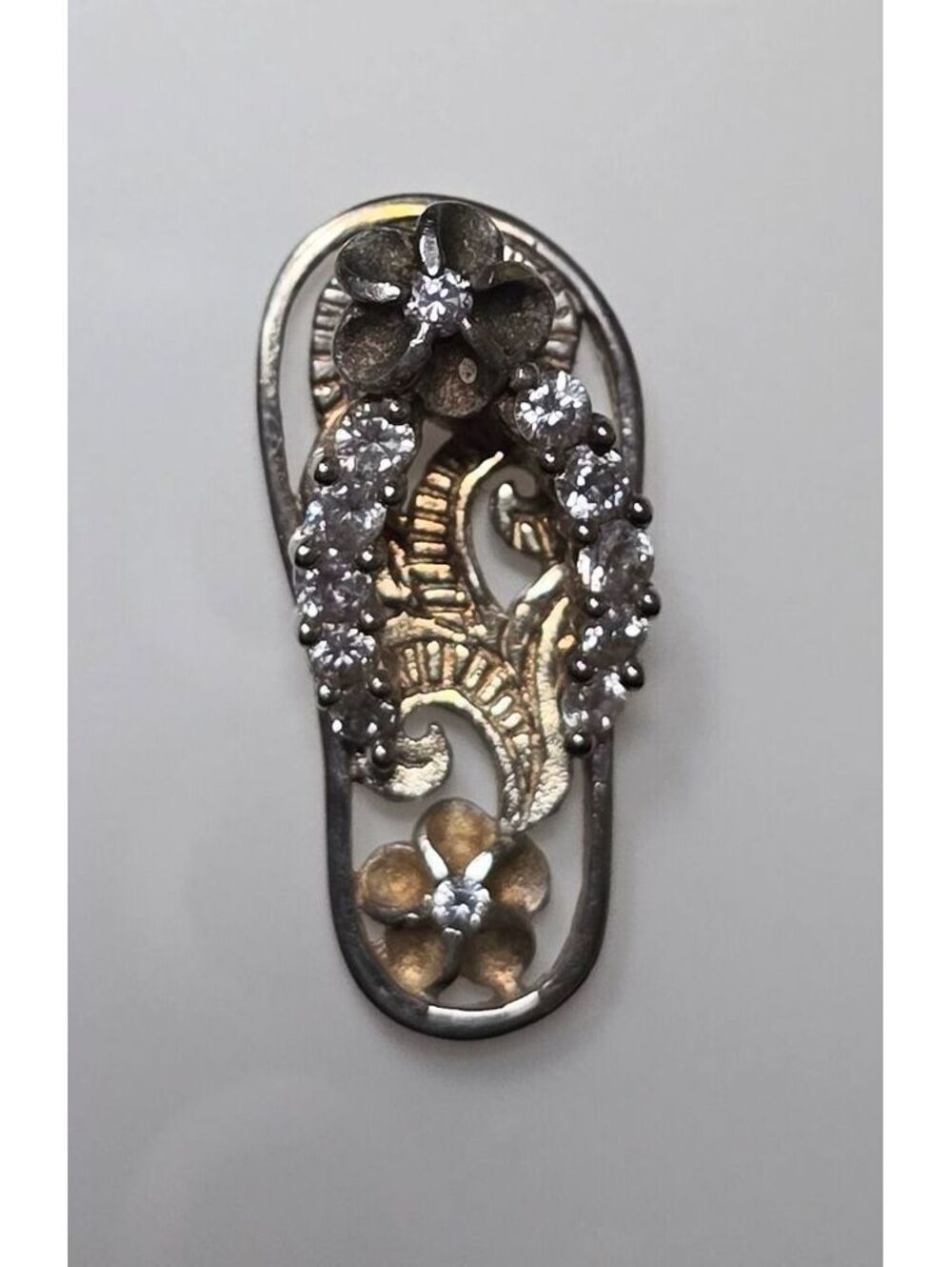 Vintage Style Silver Tone Gold Accent Rhinestone Floral Filigree Pendant
